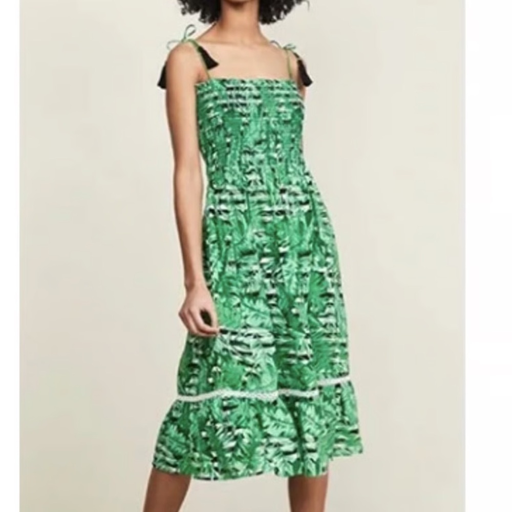 Kos Resort Ladies Green Smocked Floral Dress XS